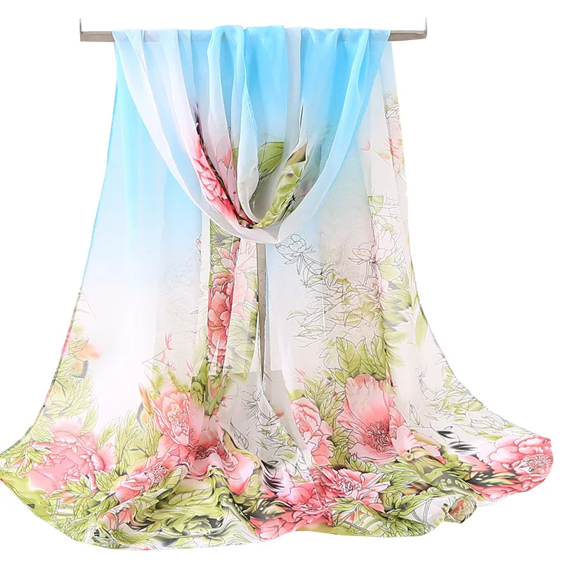 Hanxi 150*50cm macio chiffon impressão floral lenço de seda verão feminino praia envoltório