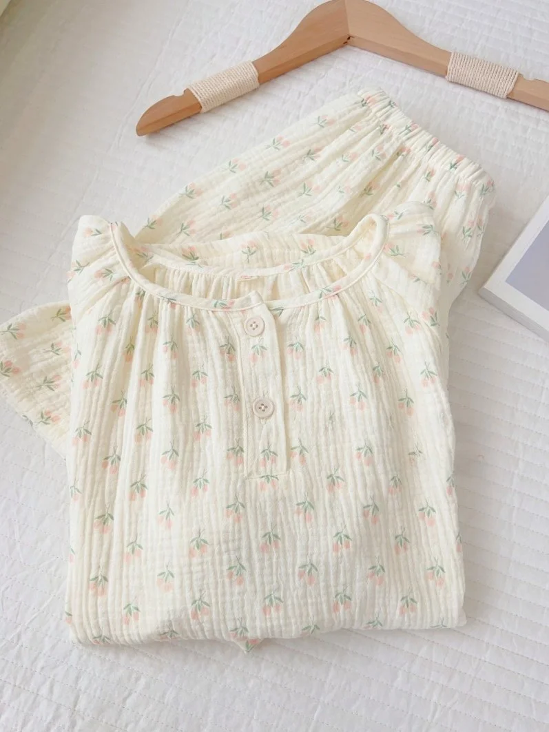 

Женская пижама из чистого хлопка с цветочным принтом, свободная домашняя одежда для весны и осени, из хлопковой марли, подходит для улицы