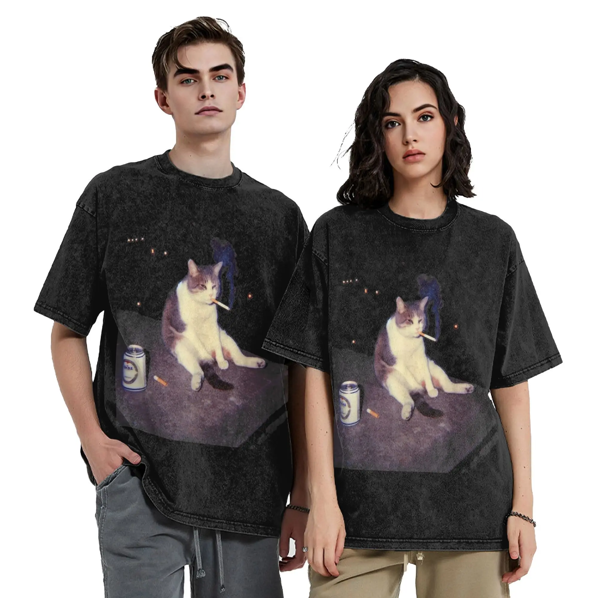 Cigarette Kitten Funny Smoking Cat Meme  Washed T Shirt Hip Hop Harajuku Men Women  Loose Tee T-Shirts Short Sleeve