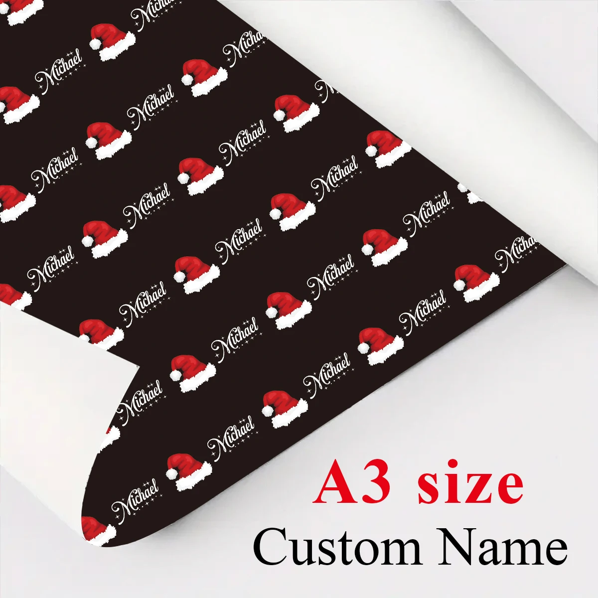 3 Stück ​ Weihnachts-Geschenkpapier mit individuellem Text, A3-Format, personalisierbar mit Namen, festliche Weihnachtsmütze „Frohe“, als Geschenkdekoration, DIY-Bastelarbeiten