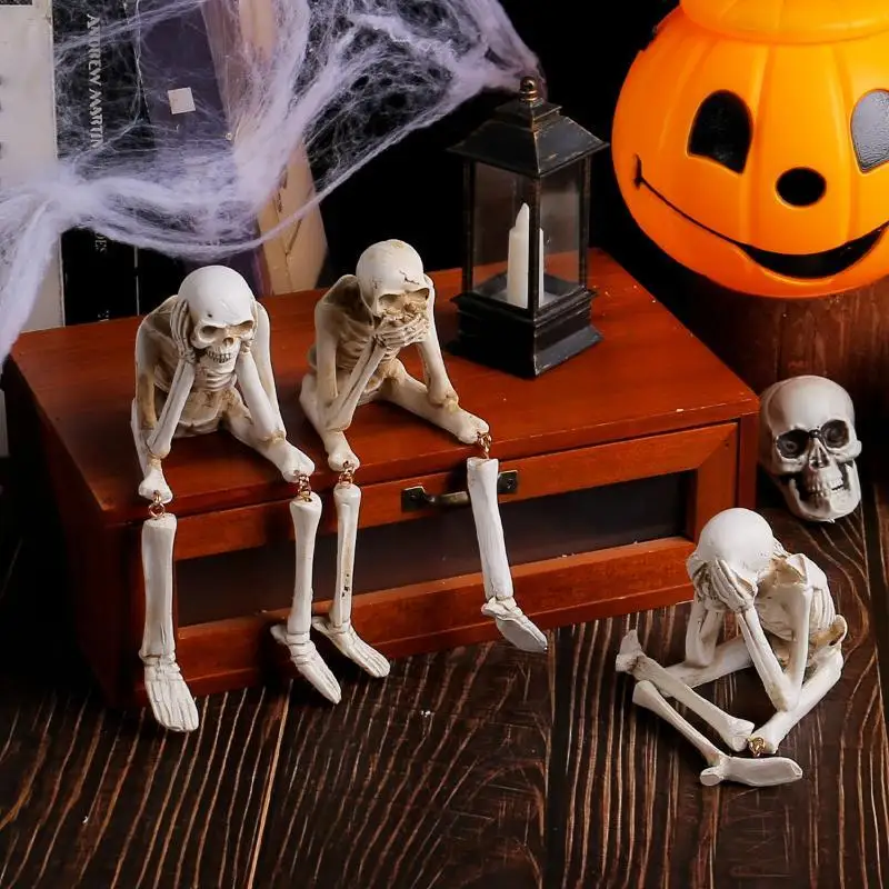 3 Pcs Resin See Hear Speak No Skeleton Figurines With Dangling Legs For Halloween Decor