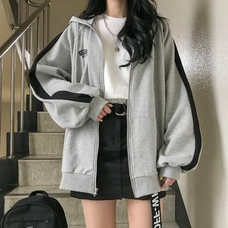 Autumn Winter New Sweatshirt 2026 Korean Harajuku Style Embroidered Letter Womens Zip Jacket Plus Size Casual Streetwear Outerwe