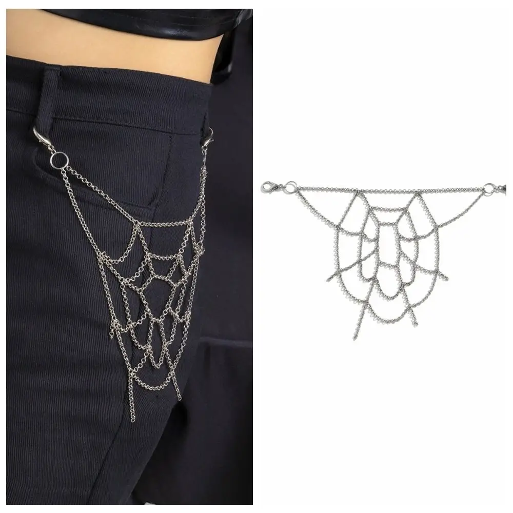 Goth Zinc Alloy Spider Web Waist Chain Harajuku Gothic Punk Belt Chain Body Jewelry Key Chain Tassel Jeans Chain Male