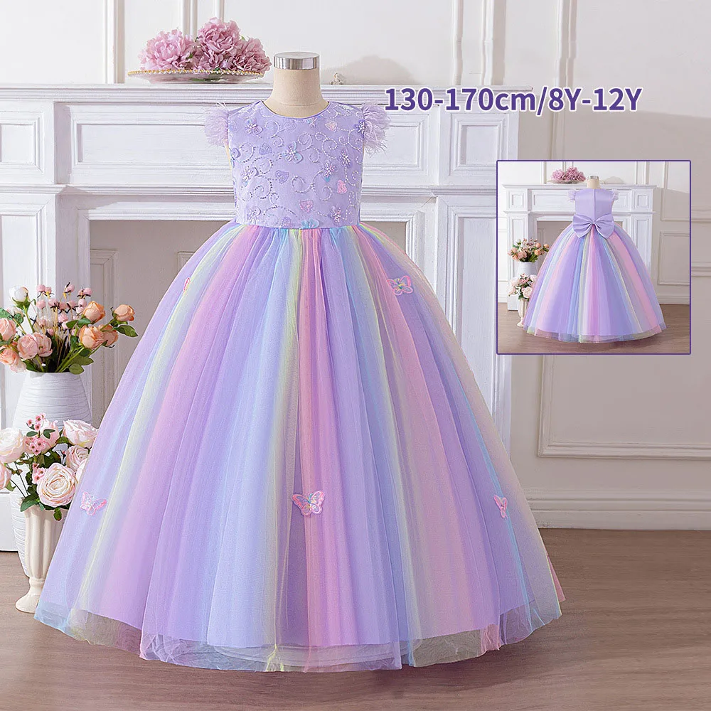 

Luxury Rainbow Girl Clothes Party Dresses For Girls Tulle Lace Wedding Prom Girl Dresses Butterfly Bow Evening Kids Clothing