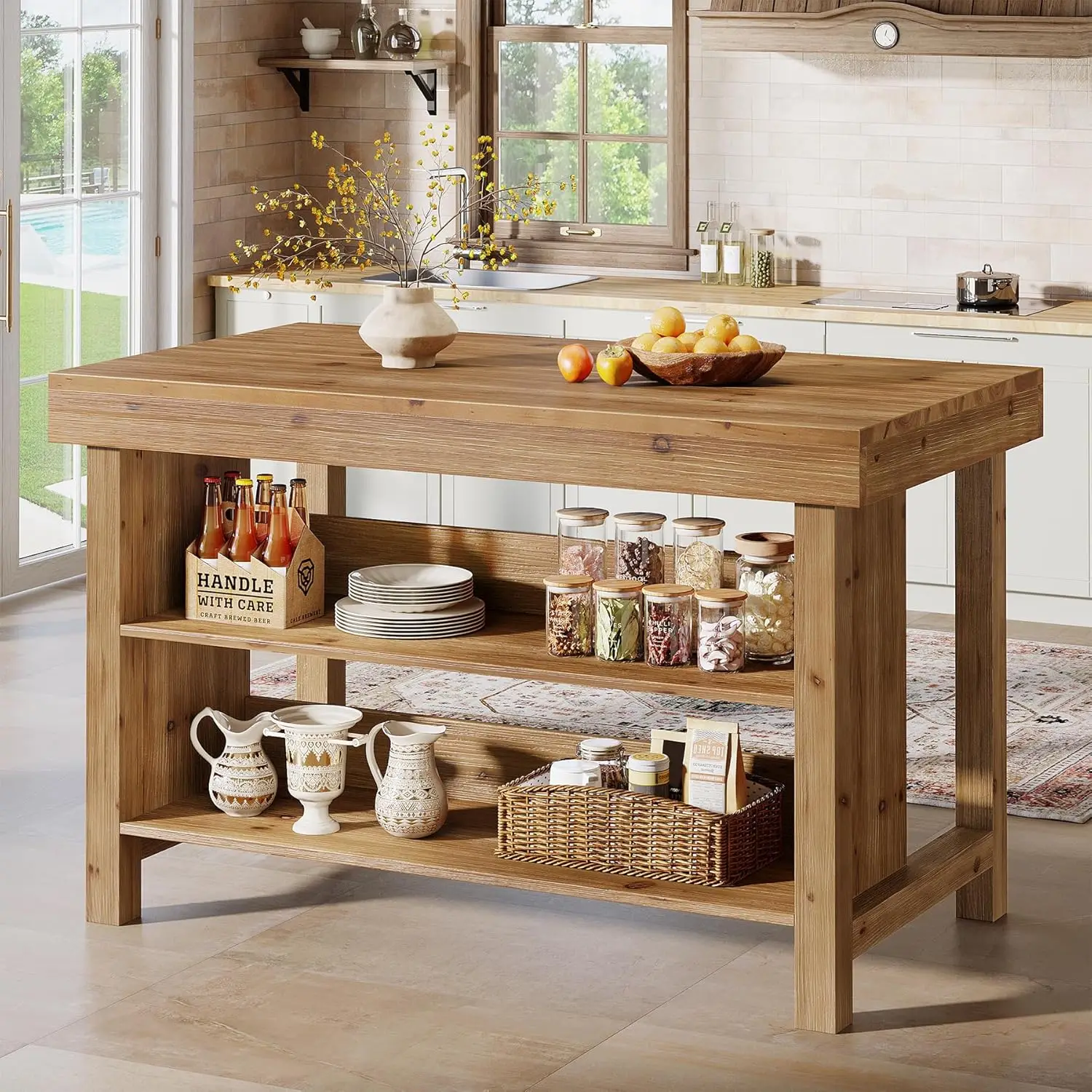 55 Inch 3-Tier Solid Wood Large Farmhouse Kitchen Island Stationary Center   with Open Storage Shelves for Dining Room Custo
