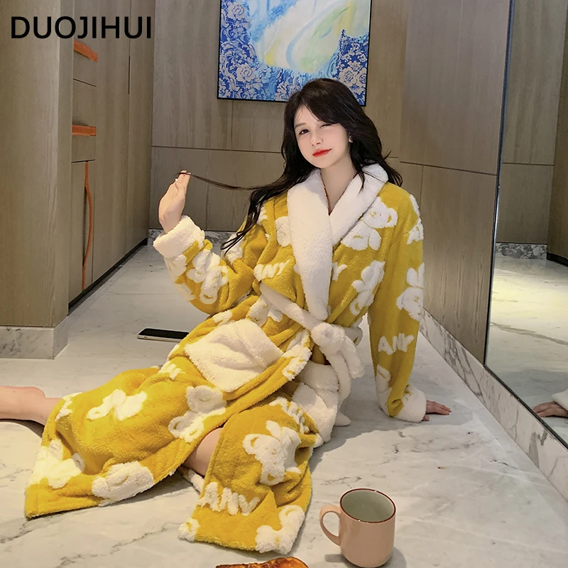 DUOJIHUI Contrast Color Simple Winter New Female Nightgowns Fashion Sweet Chicly Thick Warm Long Sleeves Women's Flannel Pajamas