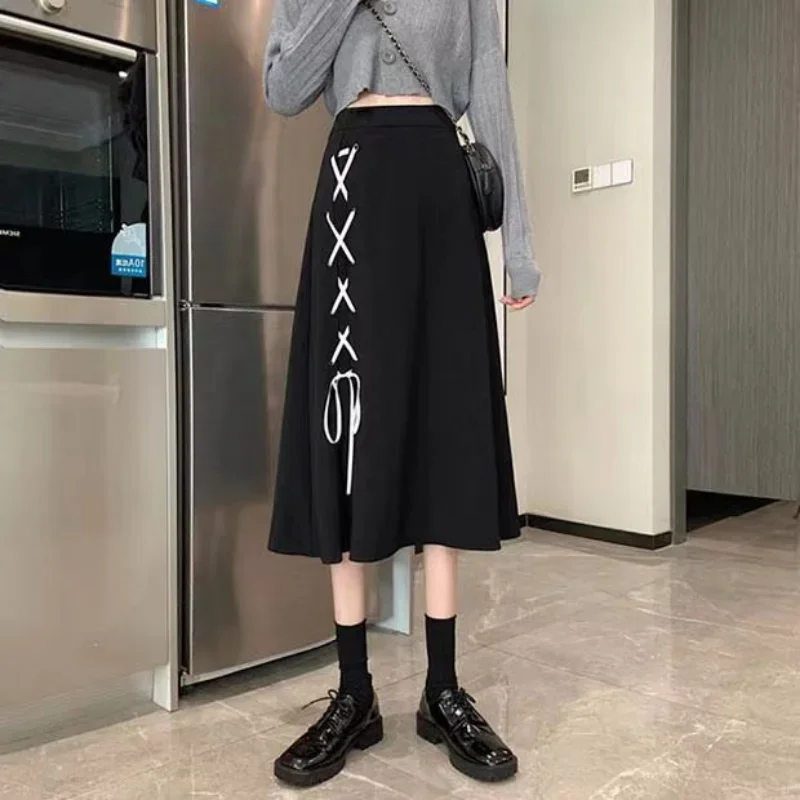 

Midi Skirts Women Korean Preppy Style Bandage Lovely Vintage Stylish High Waist Sweet Temperament Casual A-line Design Female