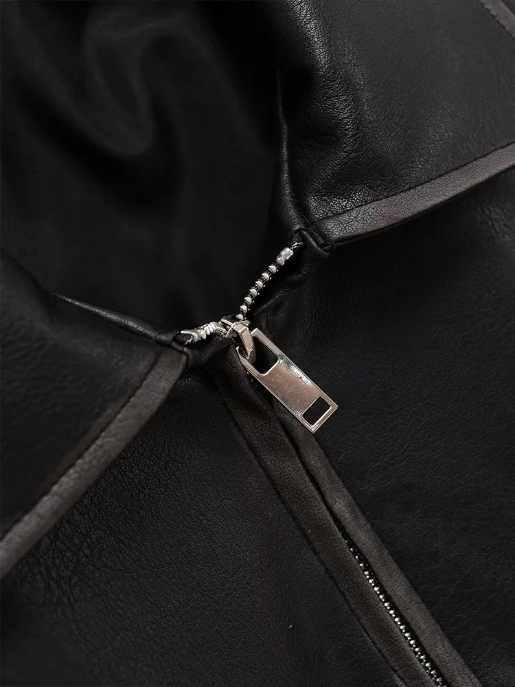 Chaqueta de cuero con bolsillo tipo parche y solapa de color sólido con temperamento versátil a la moda para mujer de estilo europeo