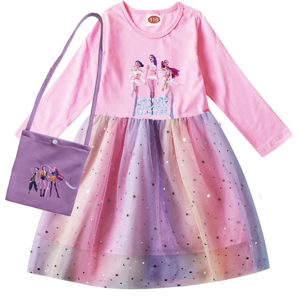 KPop شيطان الصيادين الاطفال ملابس طويلة الأكمام فساتين الفتاة القطن قوس قزح موضة كاملة في سن المراهقة الملابس ملابس للحفلات 3-12Y