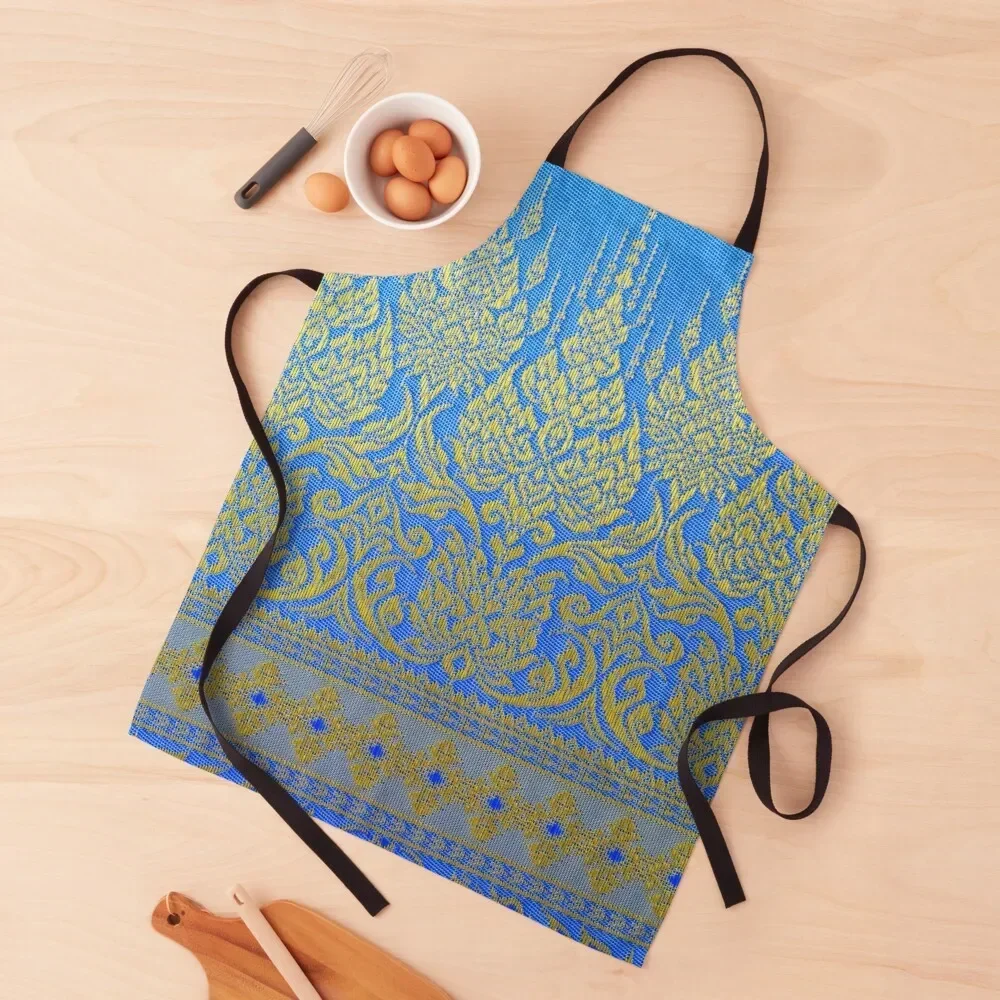 

Thai Silk - Azure Blue Gold Thai Traditional Silkworms Apron Kitchens Men House Things For Home And Kitchen Apron