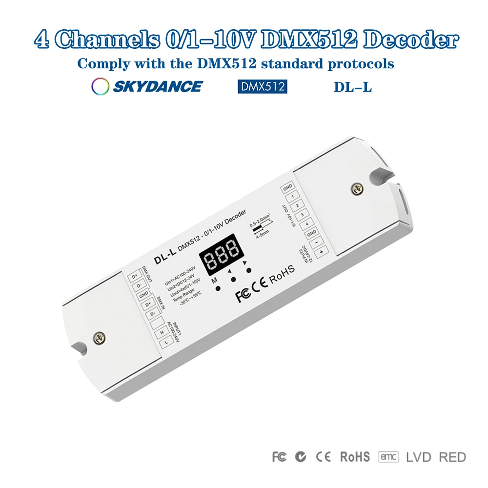 Skydance DL-L AC110-220V/DC12-24V 4Ch RDM DMX512 To 0/1-10V Converter Numeric Display Signal Decoder For Single color LED strip