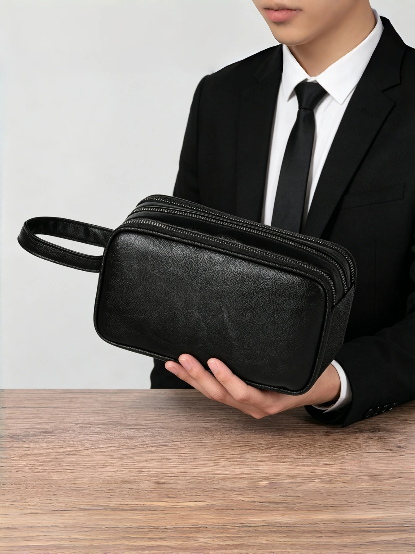 Herren PU-Leder Clutch-Tasche mit Handschlaufe, Mehrfach-Fächer Reißverschluss-Handtasche, Große Kapazität Organizer-Tasche – Detail 1