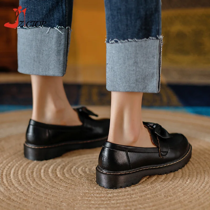 British Style Platform Loafers Women Slip On Bow Soft Sole Thick Heel Retro Leather Shoes Japanese College Lolita Shoes Black
