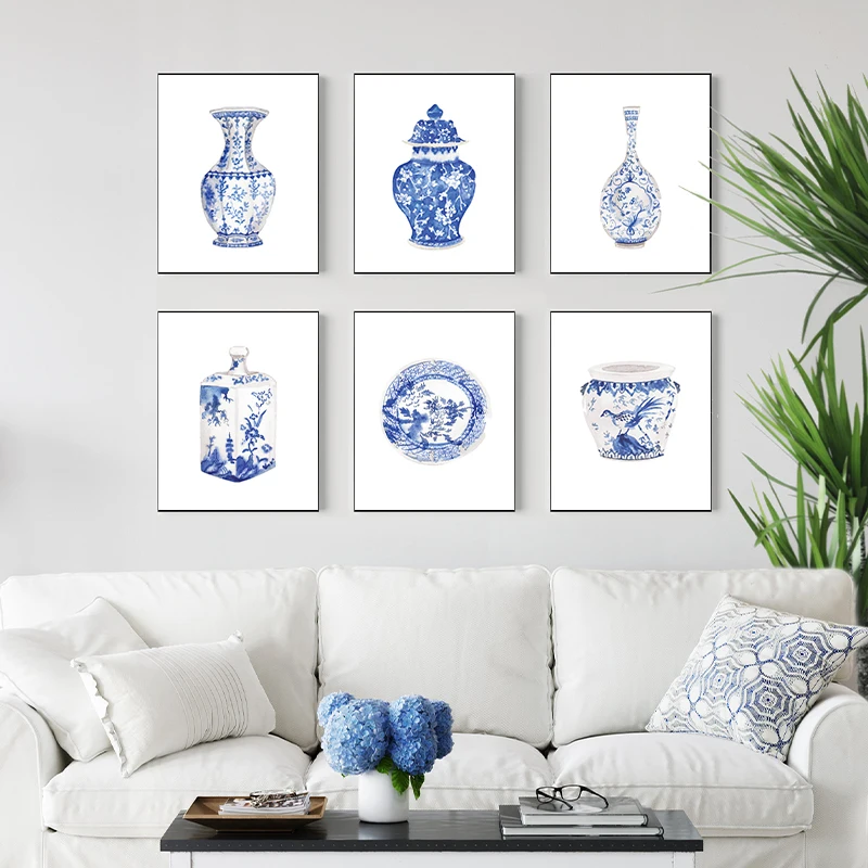 Watercolor Chinoiserie Ming Porcelain Blue White China Poster Prints Canvas Printing Wall Art Picture for Living Room Home Decor