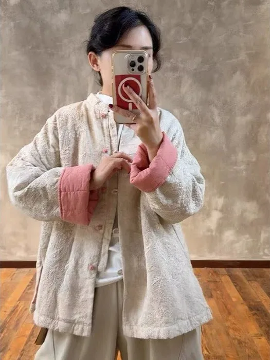 Thiened Embroidered Cotton Jaet Women's Winter New Chinese Sle Retro Button Stand Collar Warm Cotton Coat Outerwear