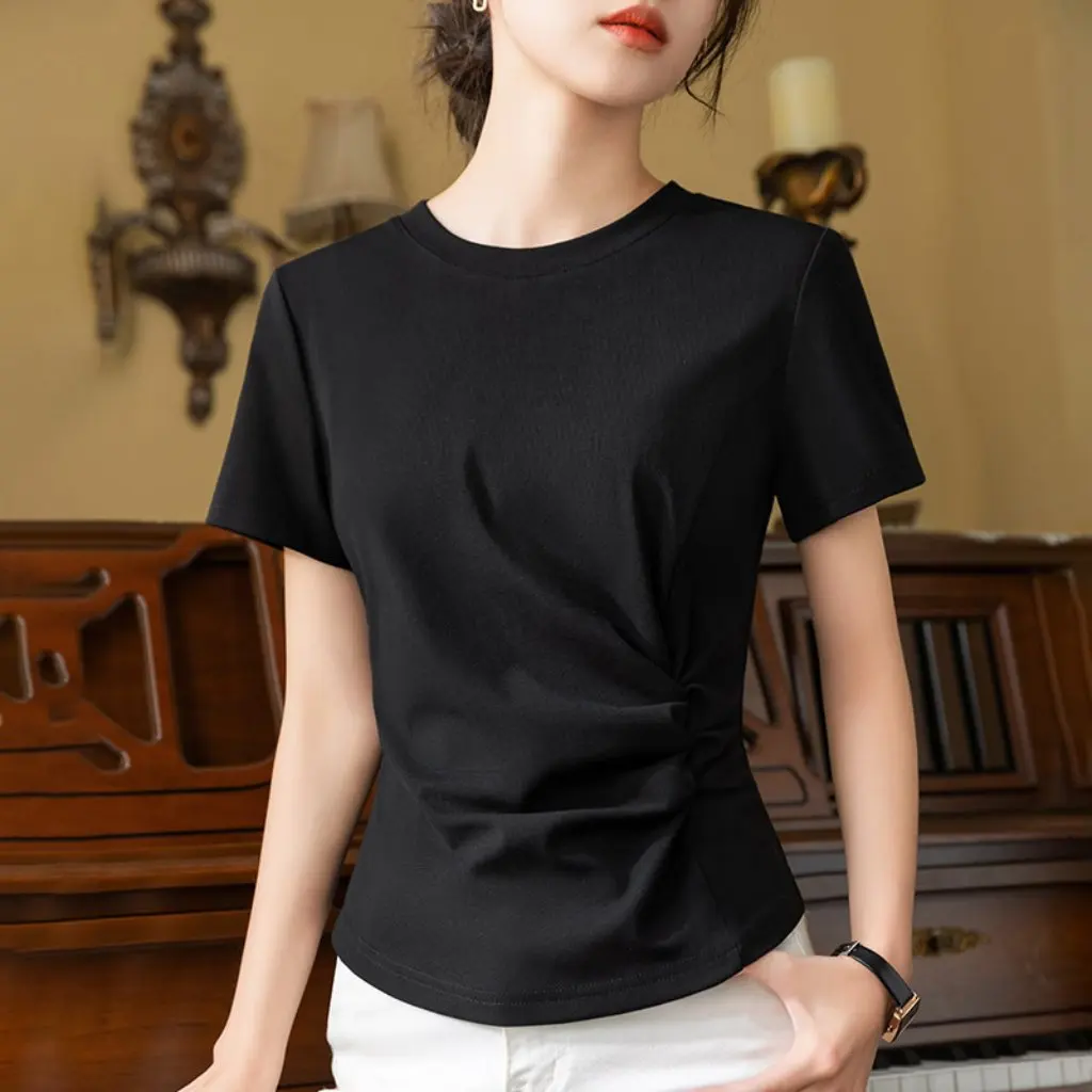 

Women's Short-Sleeved T-Shirt Summer round Neck Pure Color Cotton Pleated Waist Design Casual Top for Spring Autumn