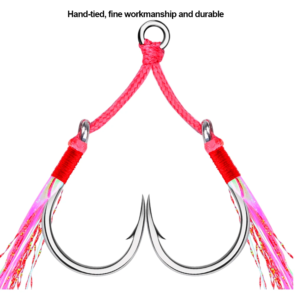 High Carbon Steel Fishhook Fishing Hook Jigging Assist Hook Barbed Single Jig Hooks Thread Feather 1/0 2/0 3/0 4/0 5/0 2pairs