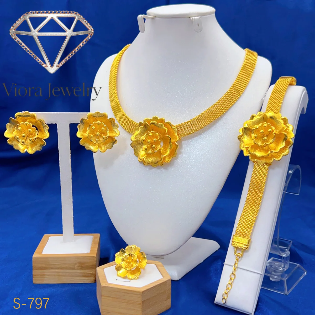 

Viora Jewelry Women 24K Gold AU999 Flower Tassel Necklace Earrings Ring Bracelet Bride 4-Piece Set - Pure gold gift, auspicious
