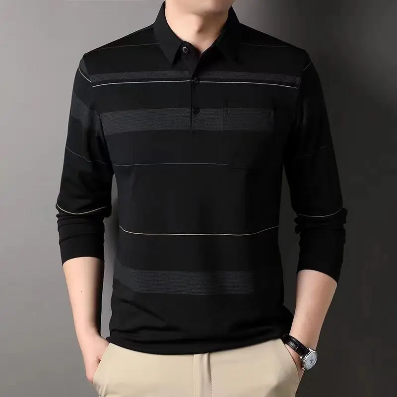 Men Clothing Spring Autumn Thin Print Striped Smart Casual Polo Shirts Long Sleeve Plus Size Loose Vintage Tops Fashion Trend