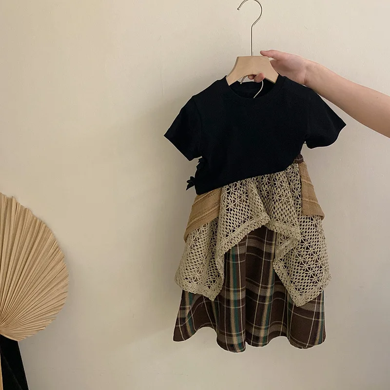 

Girls Korean Version Bow Solid Color Short Sleeve 2025 Niche Versatile Hollow Splicing Plaid Skirt Fashion Casual