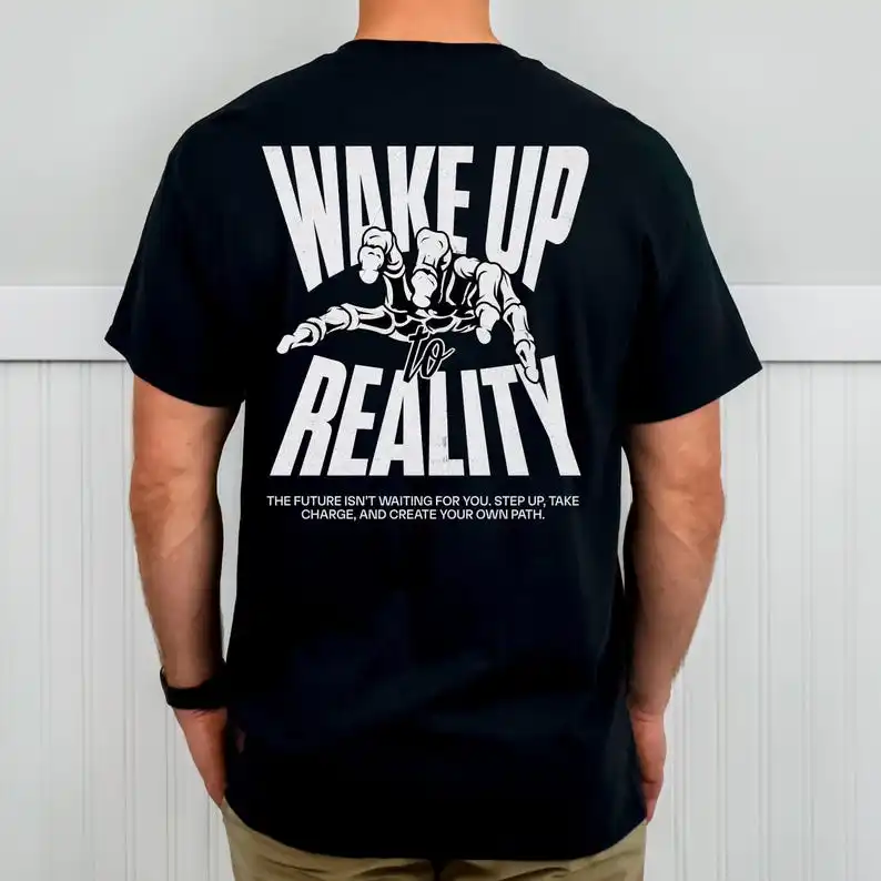 

Camiseta "Despierta a la Realidad", estampado cómic con cita motivacional, diseño autodeterminación con energía, cuello