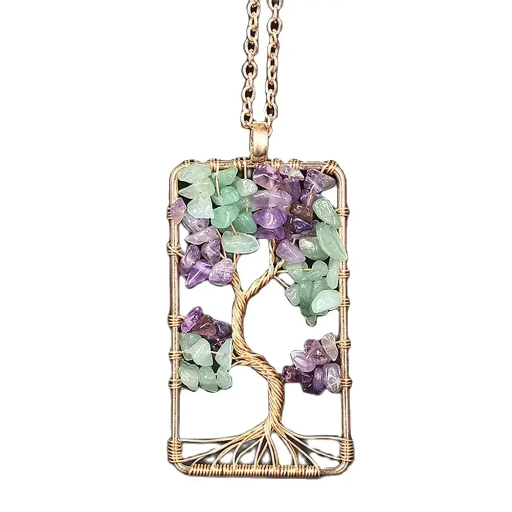 Natural Amethyst Jade Stone Square Tree of Life Lucky Pendant for Woman Handmade Crystal Reiki Healing Amulet Necklace Jewelry