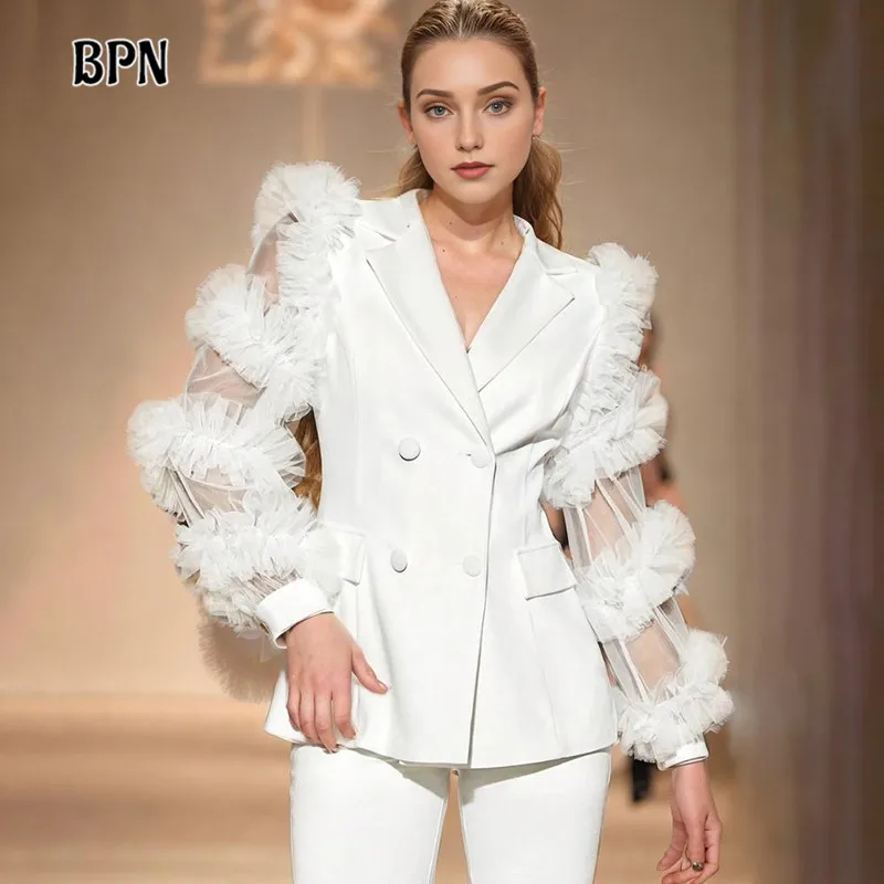 

BPN Fashion Patchwork Sheer Mesh Blazers For Women Notched Collar Long Sleeve Spliced Double Breasted Elegant Blazer Female New