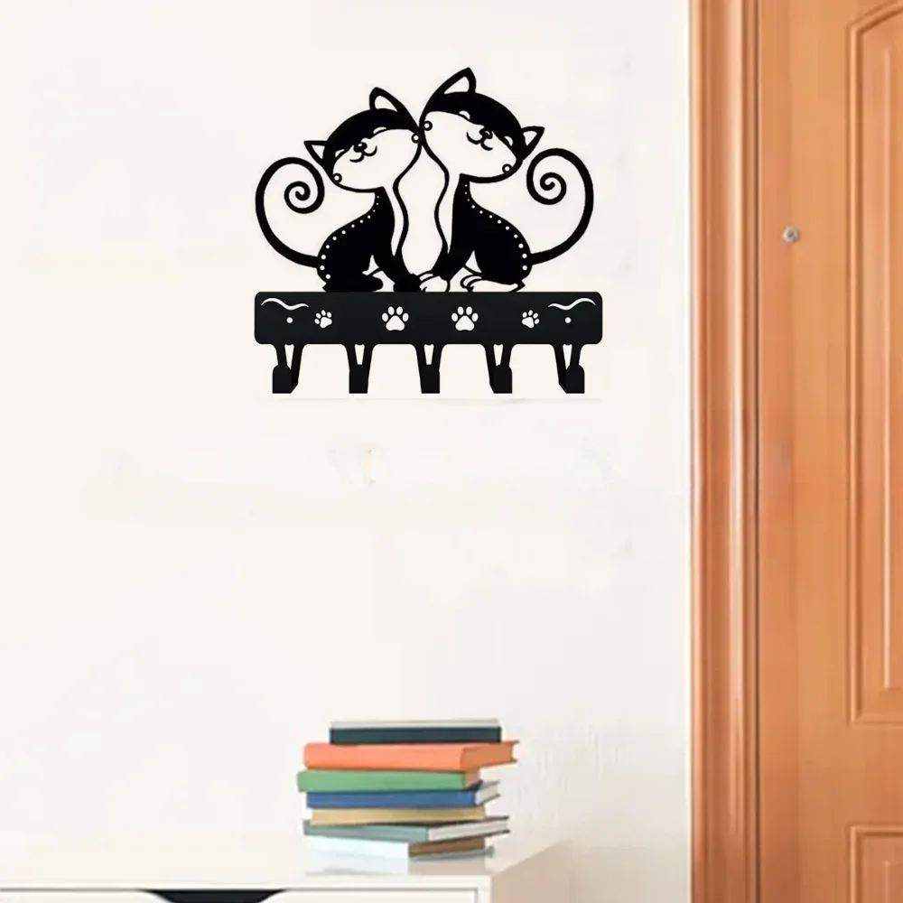 1pc Twin Cats Key Rack Wall Mounted Hook Up Artwork Shape Decoration Accessories Metal Wall Art for Cat Lovers