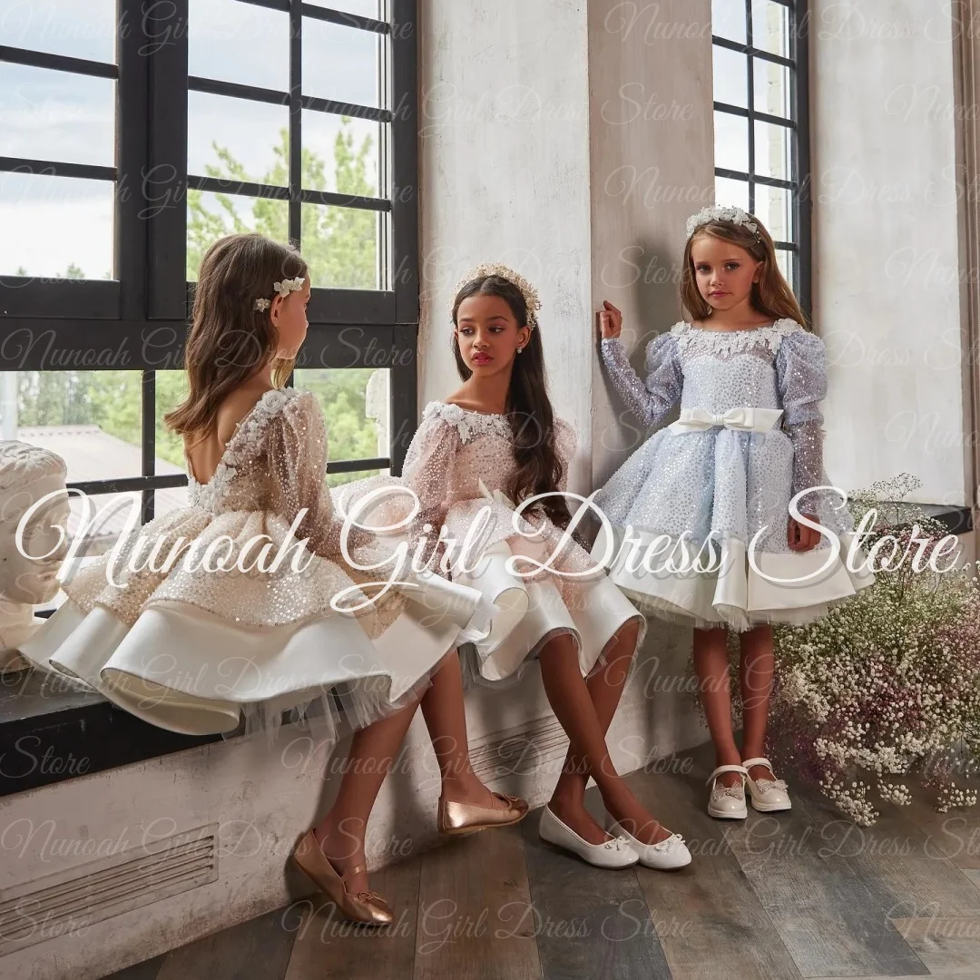 

Lovely Flower Girl Dresses for Wedding Bow Sequins Girl Gown for Photoshoot Lace Appliques First Communion Gowns Customized