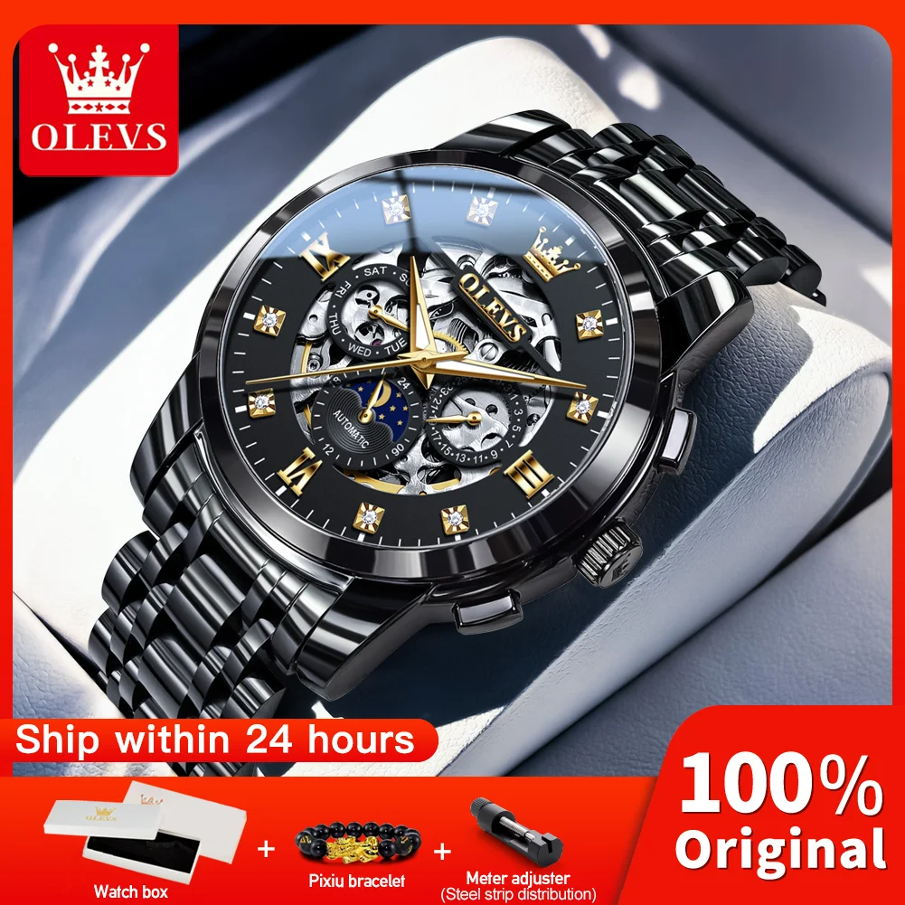 OLEVS 6721 Mens Watch Luxury Moon Phase Automatic Mechanical Watch For Man Stainless Steel Waterproof Luminous Watch With Box