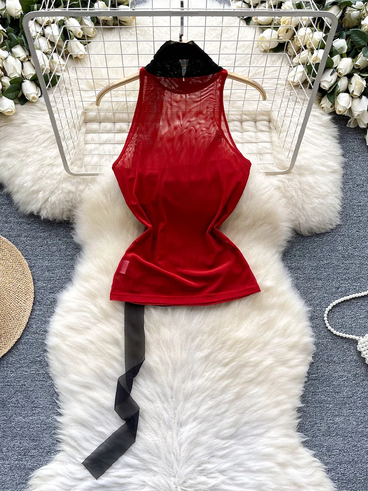 Kobiety Red Mesh Crop Top 90s Vintage Y2k Camisole Off Shoulder Bandage Corset Top Vest Sexy Tank Tops Emo 2000s Coquette Clothes