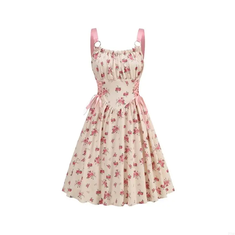 77 Hij verstelbare tailleband bloemjurk ademende mouwloze jurk bloemen print