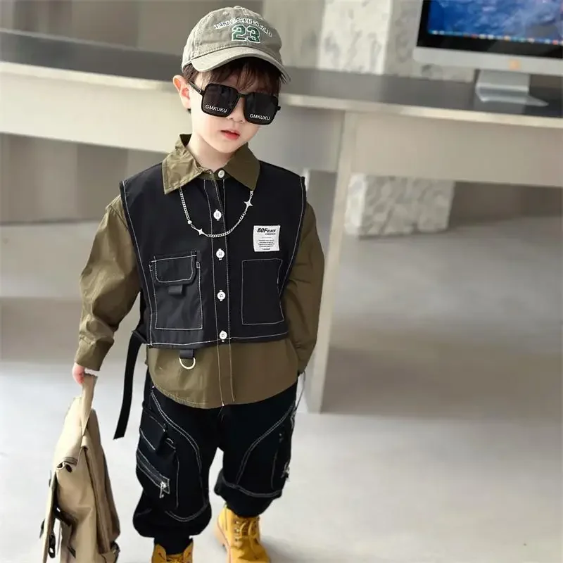 Boys Spring Autumn Clothing Set Baby Fake Two Piece Vest Shirt+Pants 2pcs Set for Korean Casual Children\'s Clothes Handsome Kids