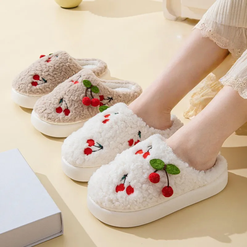 

Winter Women's Slippers Embroidered Slippers Female Home Fluffy Shoes Thick Sole Bedroom Slides Comfort Flat Heel Winter Shoes