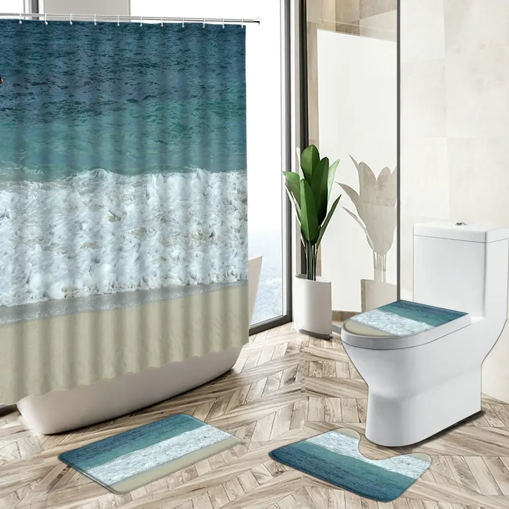 Ocean Beach Scenery Shower Curtain Holiday Theme Bathroom Waves Natural Landscape Non-Slip Carpet Toilet Cover Bath Foot Mat Set