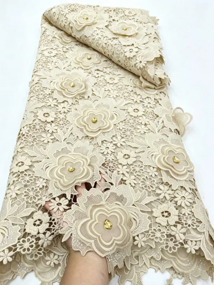 Luxury African Guipure Cord Lace Fabric With Rhinestone High Quality Water Soluble Lace Nigerian Party Dress Sewing 5 Yards