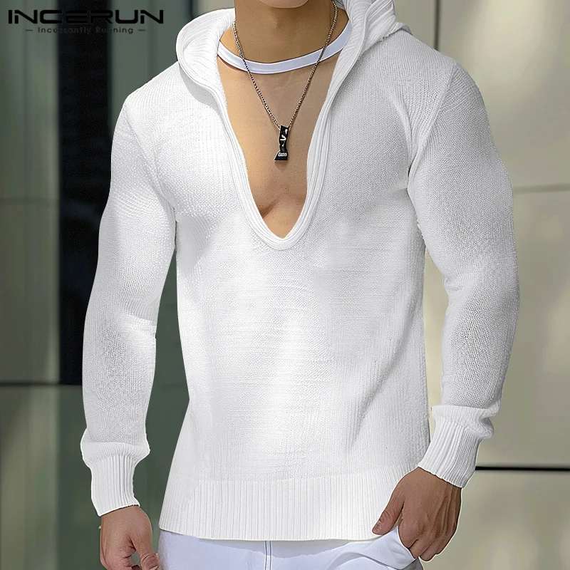 Fashion Well Fitting Tops INCERUN New Men's U-shaped Neck Design Hooded Sweatshirt Male Casual Solid Long Sleeved Hoodies S-5XL