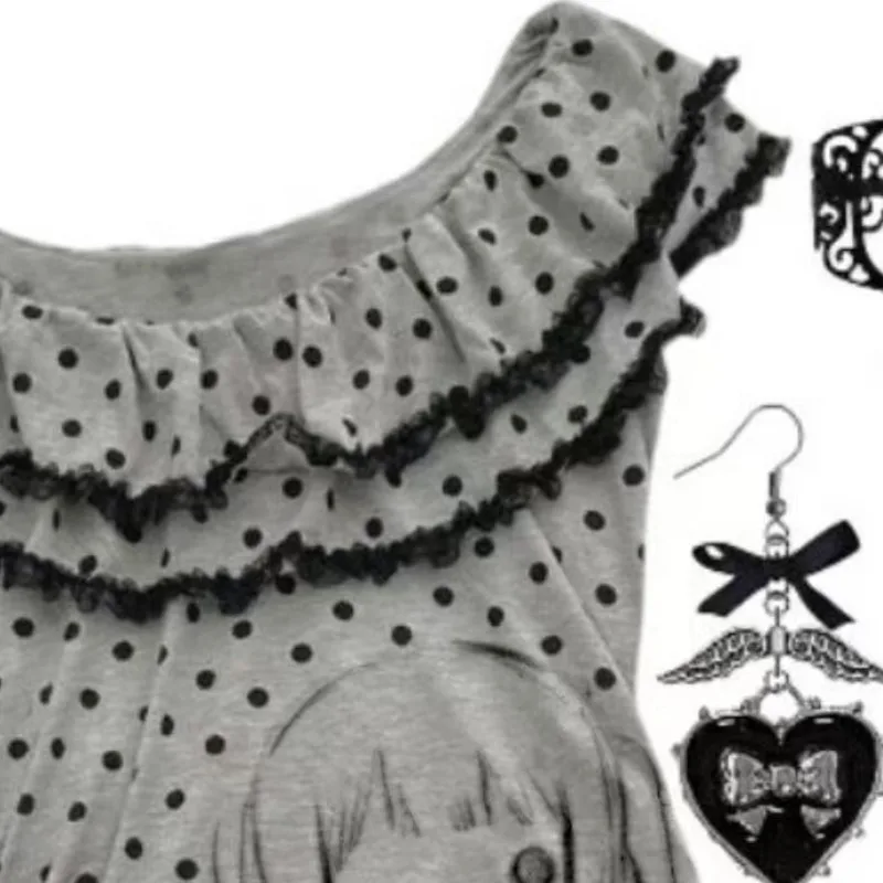 Camisetas con estampado de dibujos animados Kawaii de subcultura japonesa, camisetas de manga corta de lunares Harajuku, Top Retro de Lolita, ropa dulce para mujer