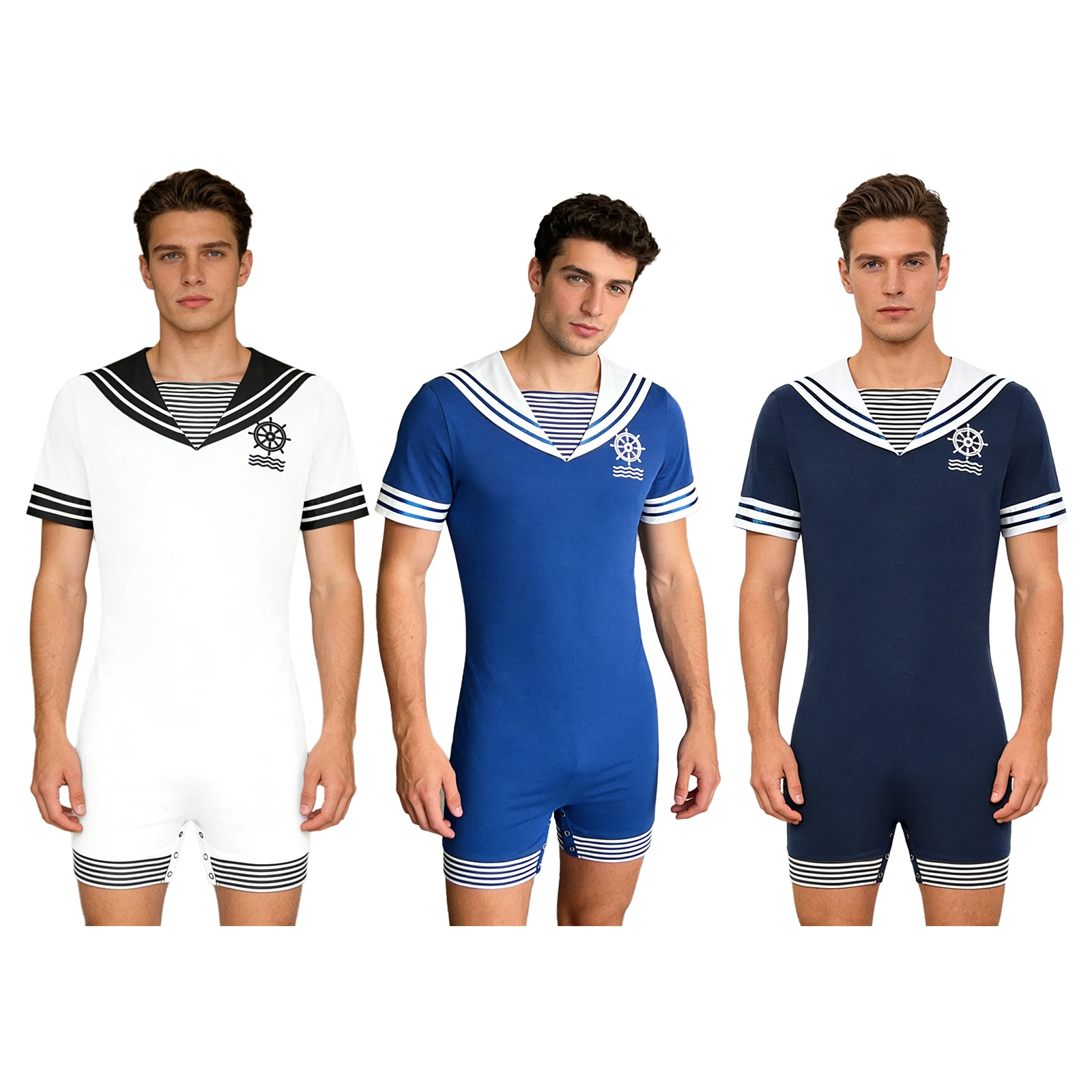 Mens Sailor Style Pajamas Bodysuit Sleepwear Navy Collar Shorts Sleeve Pressing Button Crotch Romper for Pajama Theme Party