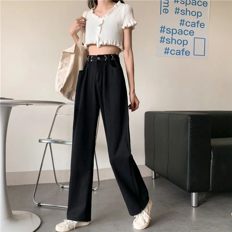 بنطلون جينز Bla عالي الخصر وواسع الساق للنساء فضفاض ومستقيم ورقيق للصيف بالإضافة إلى مقاس كبير بطول الأرض