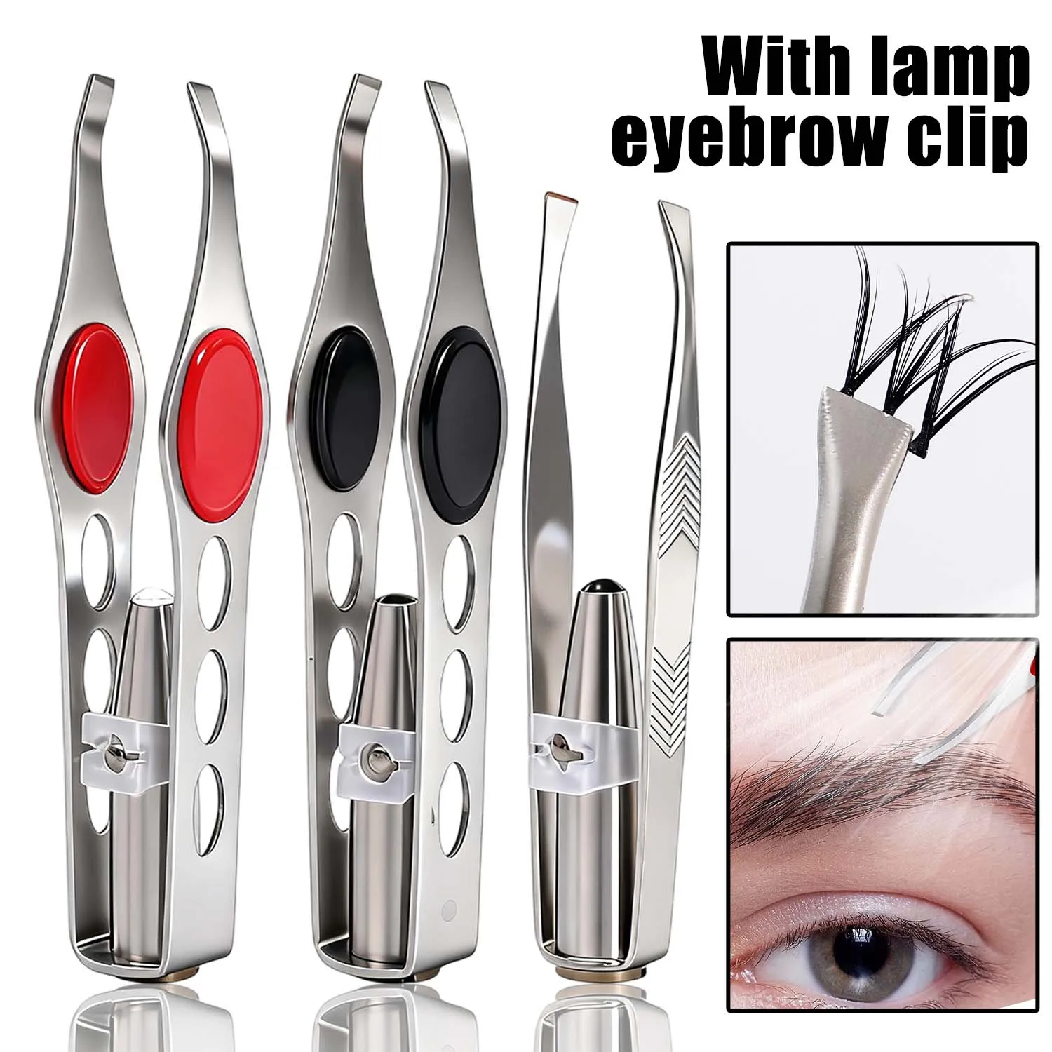 1 pçs portátil de aço inoxidável pinças sobrancelha botão célula design inteligente sobrancelhas cabelo remover pinça com luz led ferramentas maquiagem