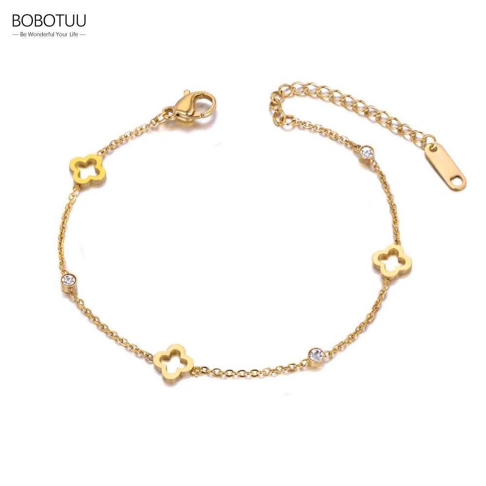 Tobillera BOBOTUU 316L de acero inoxidable CZ con forma de planta y flor de cristal para mujer, cadena chapada en oro de 18 quilates, joyería de playa de verano BA19010