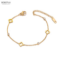 BOBOTUU 316L Stainless Steel CZ Crystal Flower Plant Charm Anklet For Women 18K Gold Plated Chain Summer Beach Jewelry BA19010