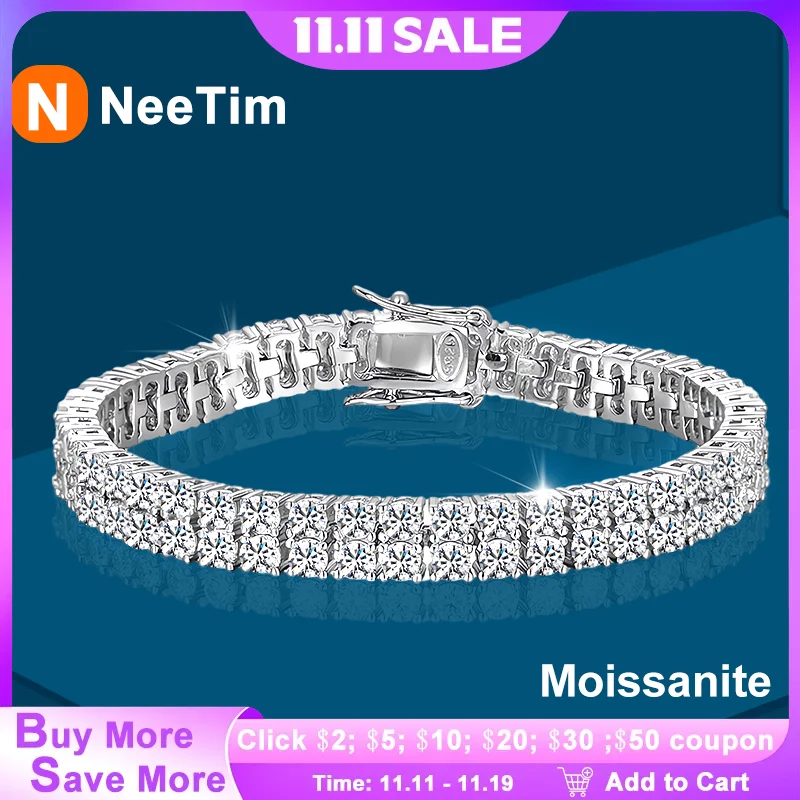 

NeeTim 3 мм двухрядные теннисные браслеты с муассанитом для женщин S925 стерлингового серебра с драгоценными камнями сверкающий лабораторный браслет-цепочка с бриллиантами