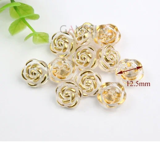 30pcs/lot Size:12.5-18mm Acrylic Transparent Rose Flower Button Gold Edge Handmade Craft Sewing Accessories (ss-68)