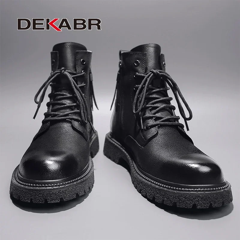 DEKABR New Comfortable Autumn Winter Warm Fur Ankle Boots Black Genuine Leather Soft Mens Handmade Non-Slip Boots Size 38-46