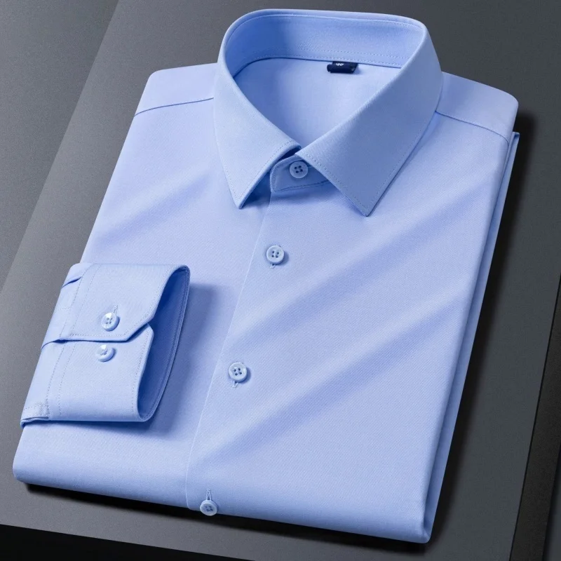 

Мужская социальная рубашка из бамбукового волокна с длинным рукавом, против морщин, без глажки, тонкая модная повседневная деловая офисная белая синяя рубашка 4XL 5XL