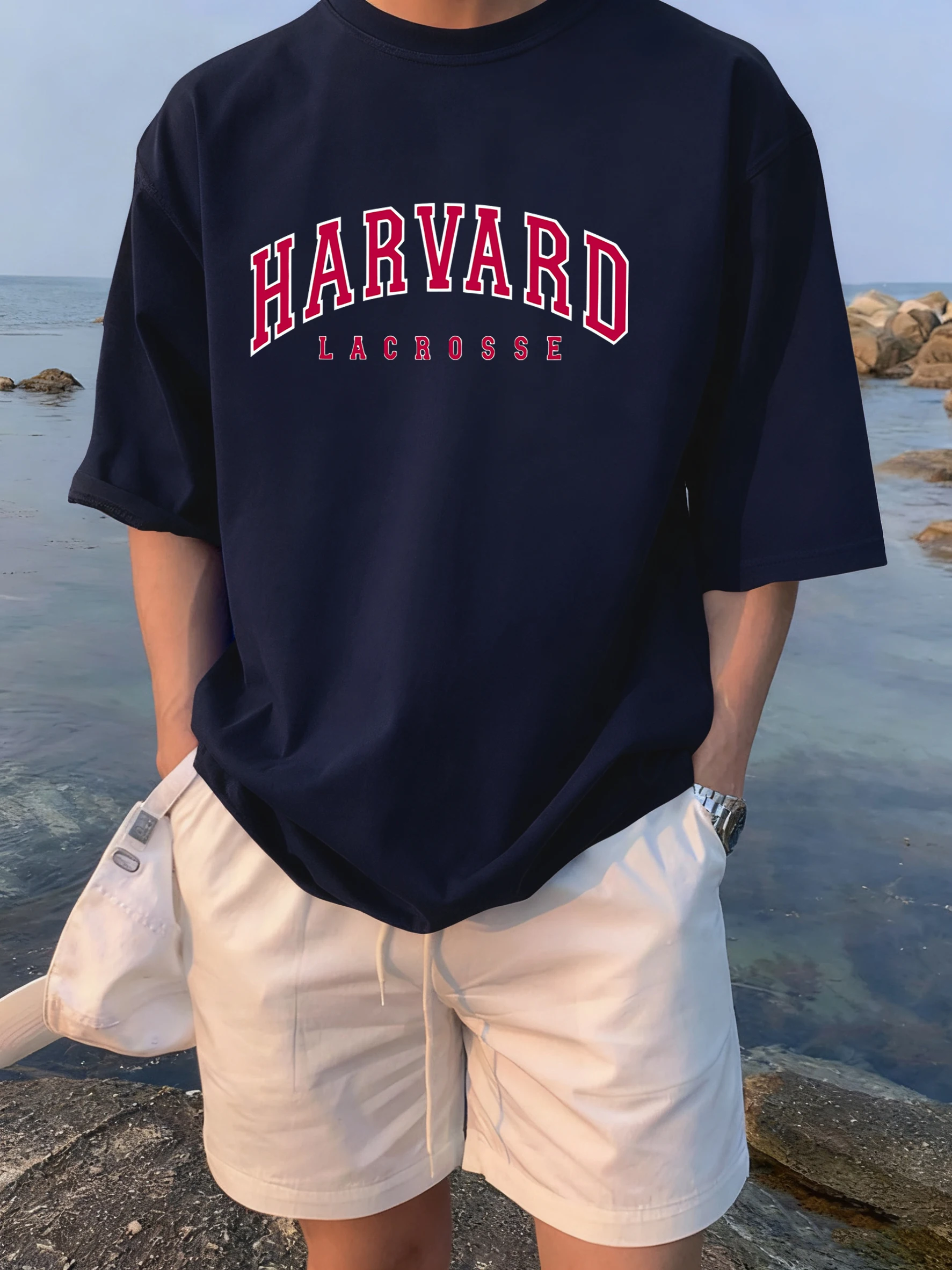 

Удобная базовая футболка с принтом Harvard Lacrosse, мужская летняя базовая спортивная одежда, уличные мягкие хлопковые дышащие топы с короткими рукавами унисекс