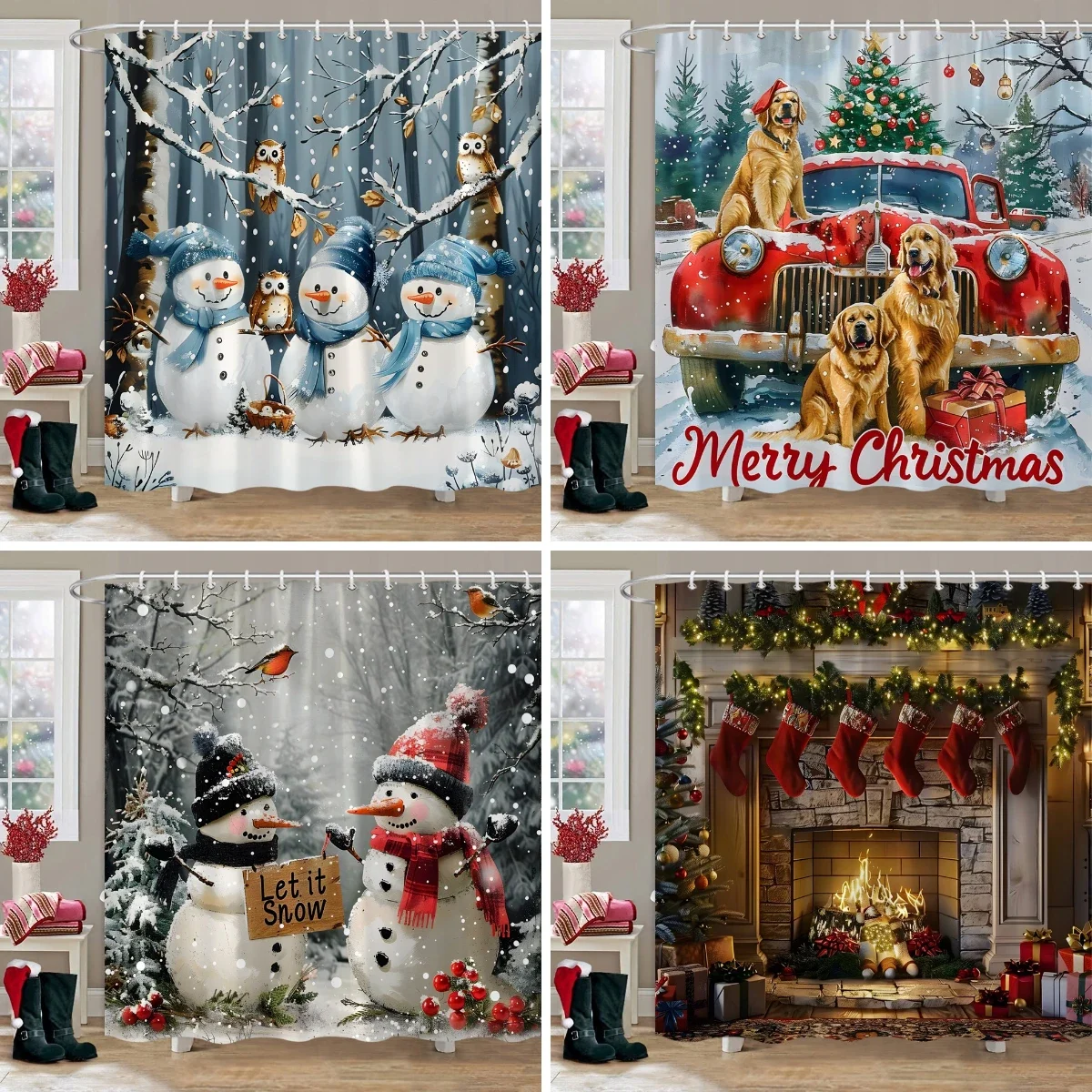 

Christmas Printed Shower Curtain Cute Snowman Red Truck Christmas Tree Socks Gifts Winter Fabric Shower Curtains Bathroom Decor