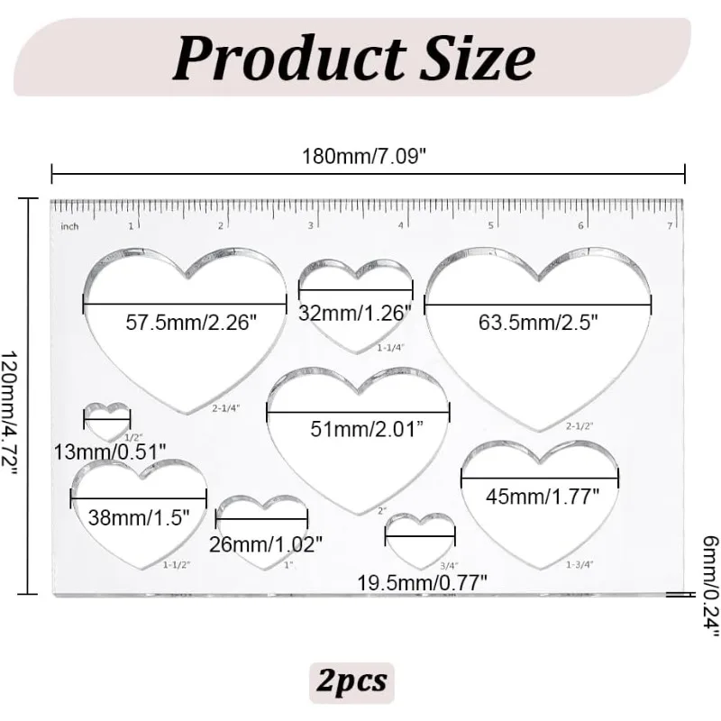 2pcs 9 in 1 Heart Inlay Template Router Stencils Template Acrylic Templates Drawing Scale Ruler Drawing Tool Measuring Tool